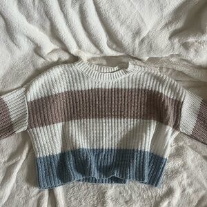 Cropped Striped Knit Sweater - White, Brown, and Blue